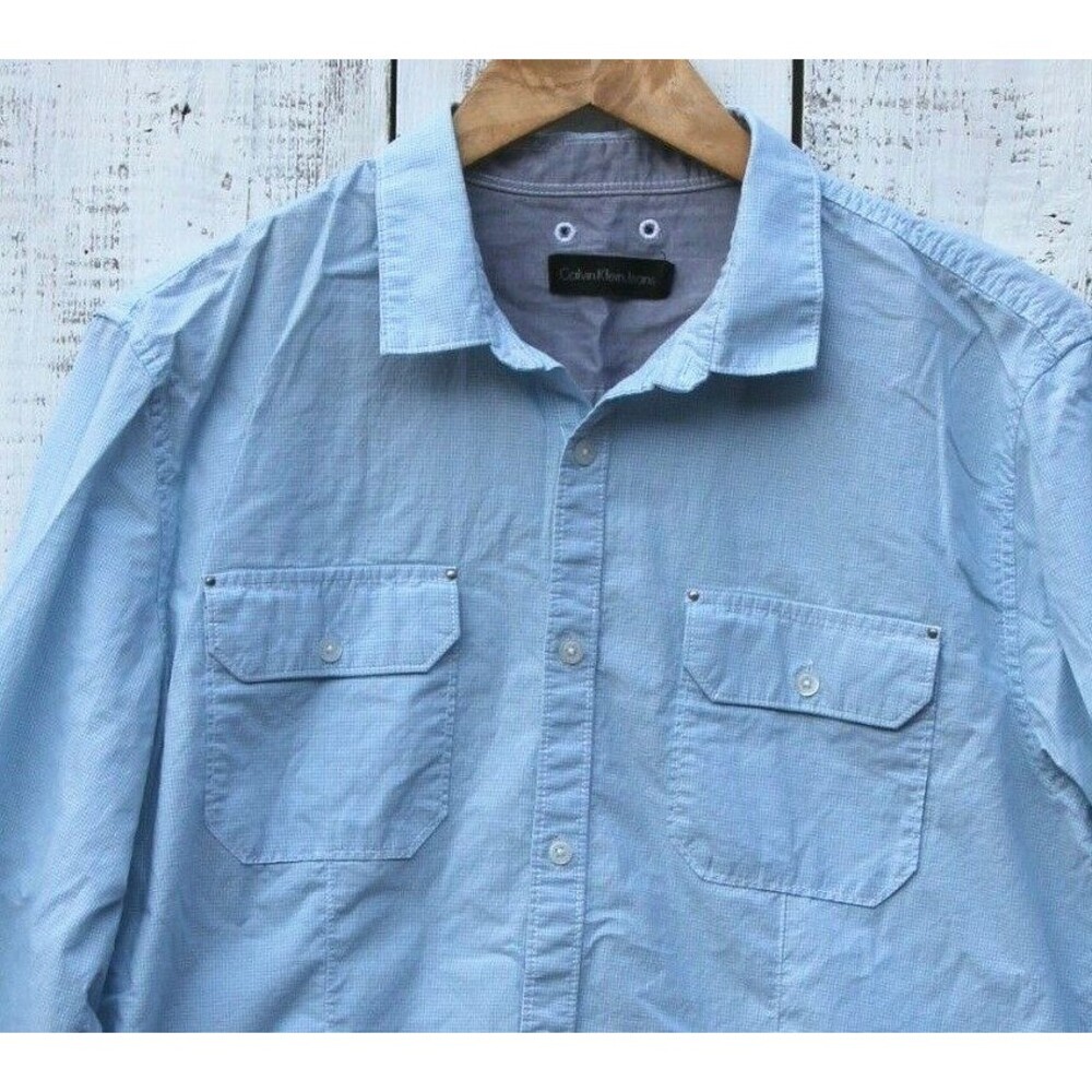 CALVIN KLEIN Men's Sz L Blue White Micro Plaid Casual Button Up Shirt